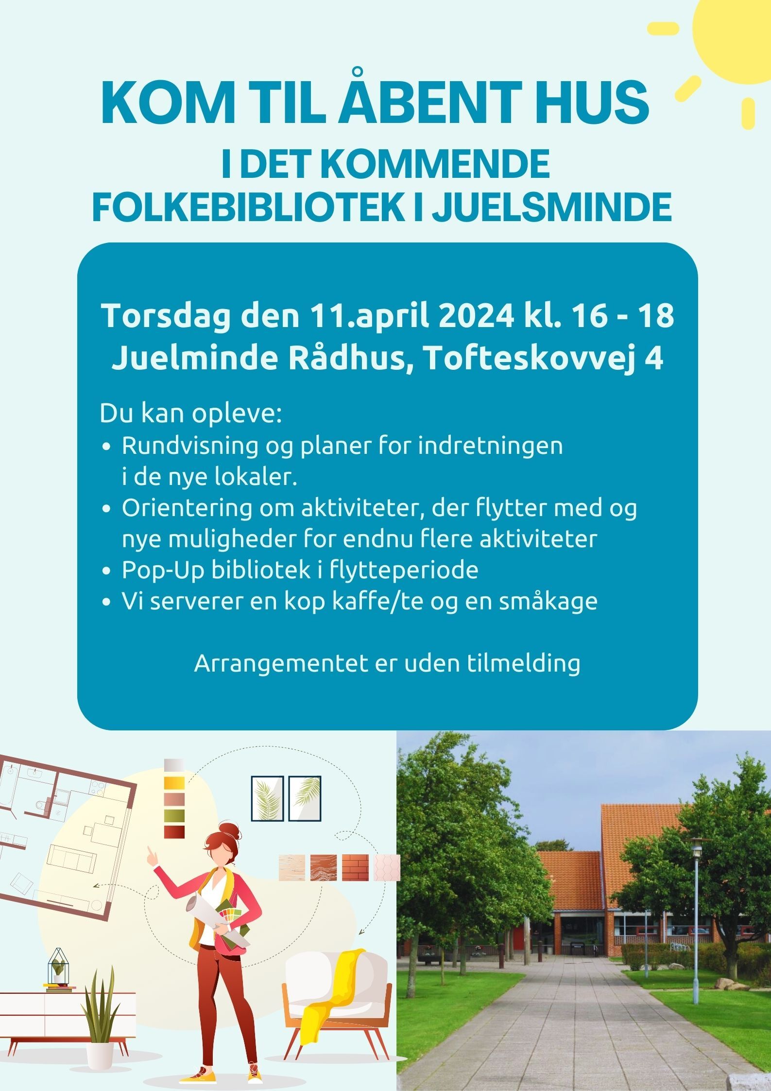 Plakat for åbent hus på nyt Juelsminde Bibliotek